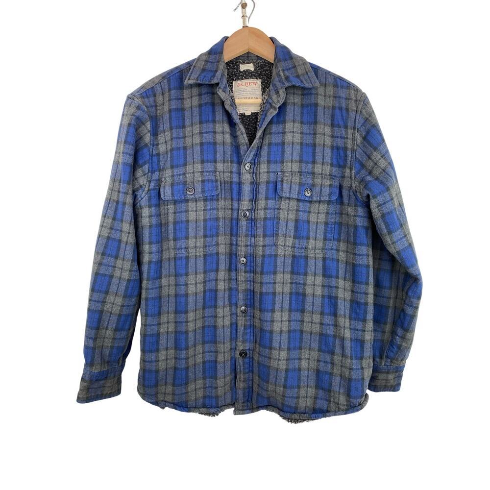 J. Crew Broken In Women's 8 Blue Gray Plaid Sherpa Lined Button Up Shacket *